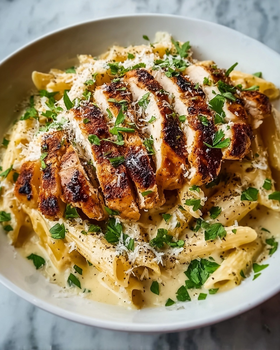 Creamy Garlic Parmesan Pasta with Pan-Seared Chicken Recipe - Recipe Image