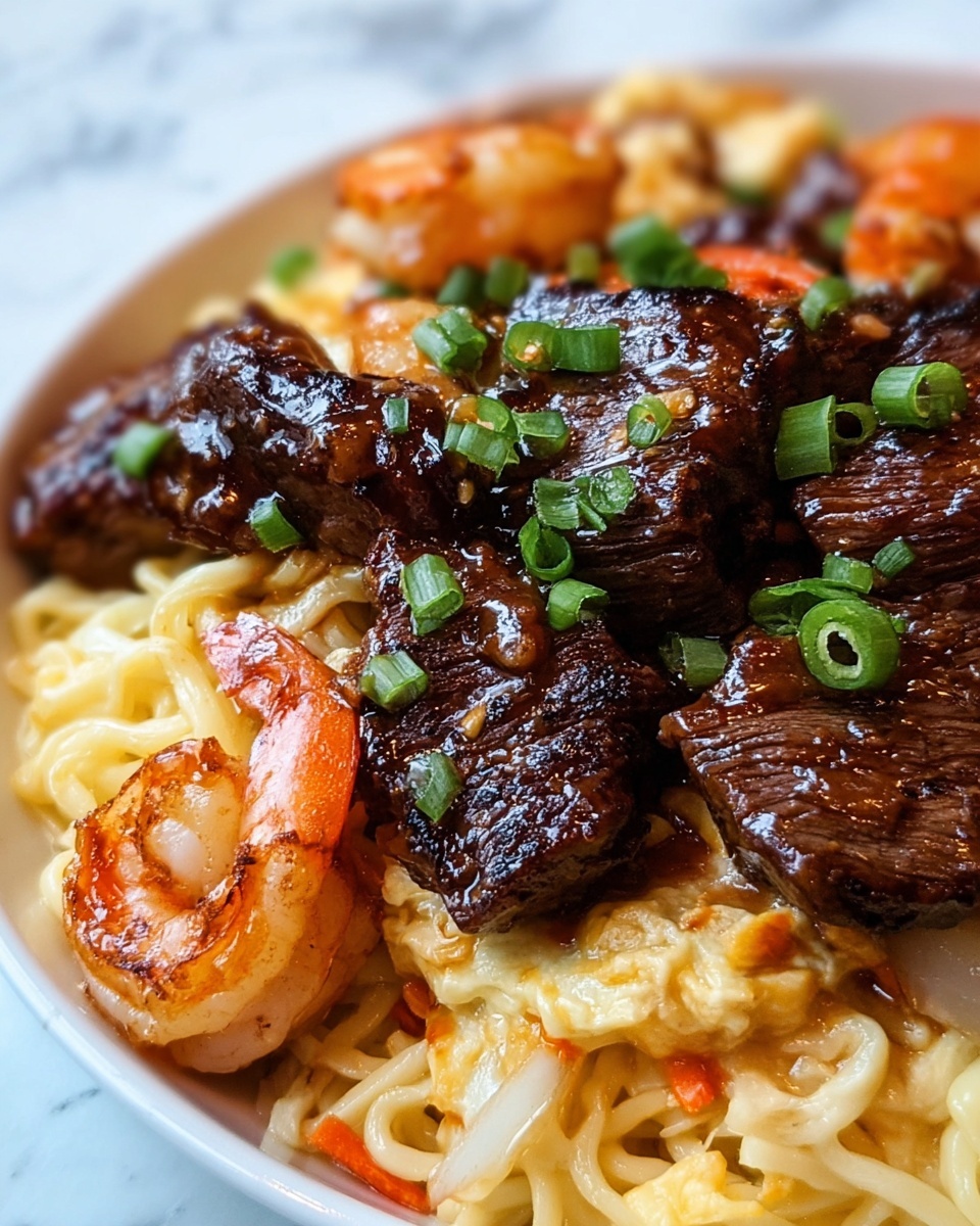 Garlic Butter Steak and Shrimp Stir-Fried Noodles Recipe - Recipe Image