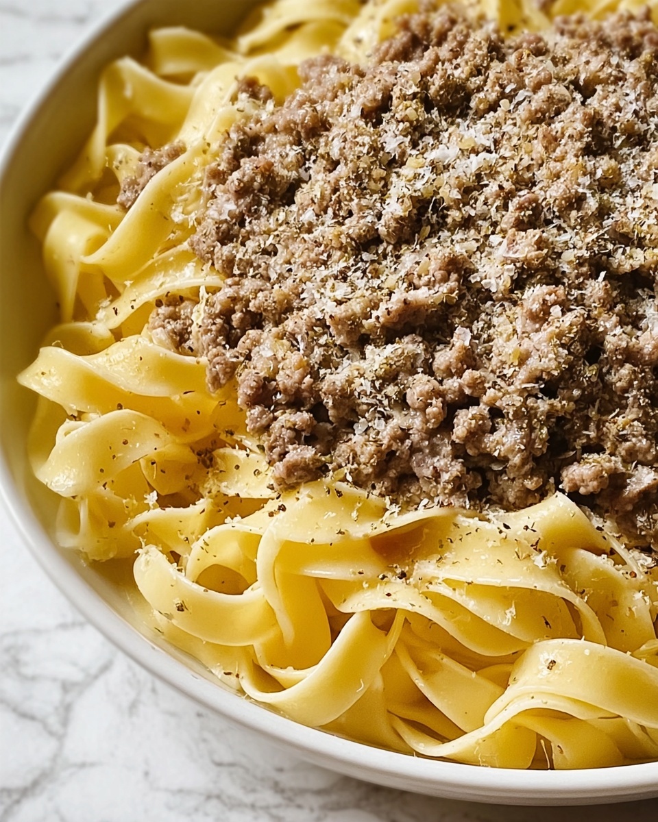Cheesy Garlic Butter Linguine with Ground Beef Recipe - Recipe Image