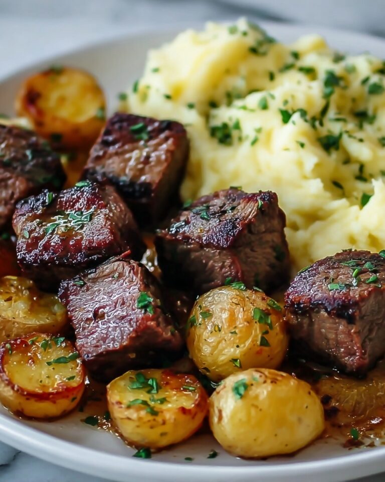 Garlic Butter Steak Bites with Cheesy Smashed Potatoes Recipe