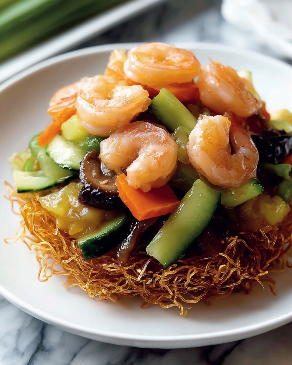 Crispy Cake Noodle Stir Fry with Shrimp and Vegetables Recipe - Recipe Image