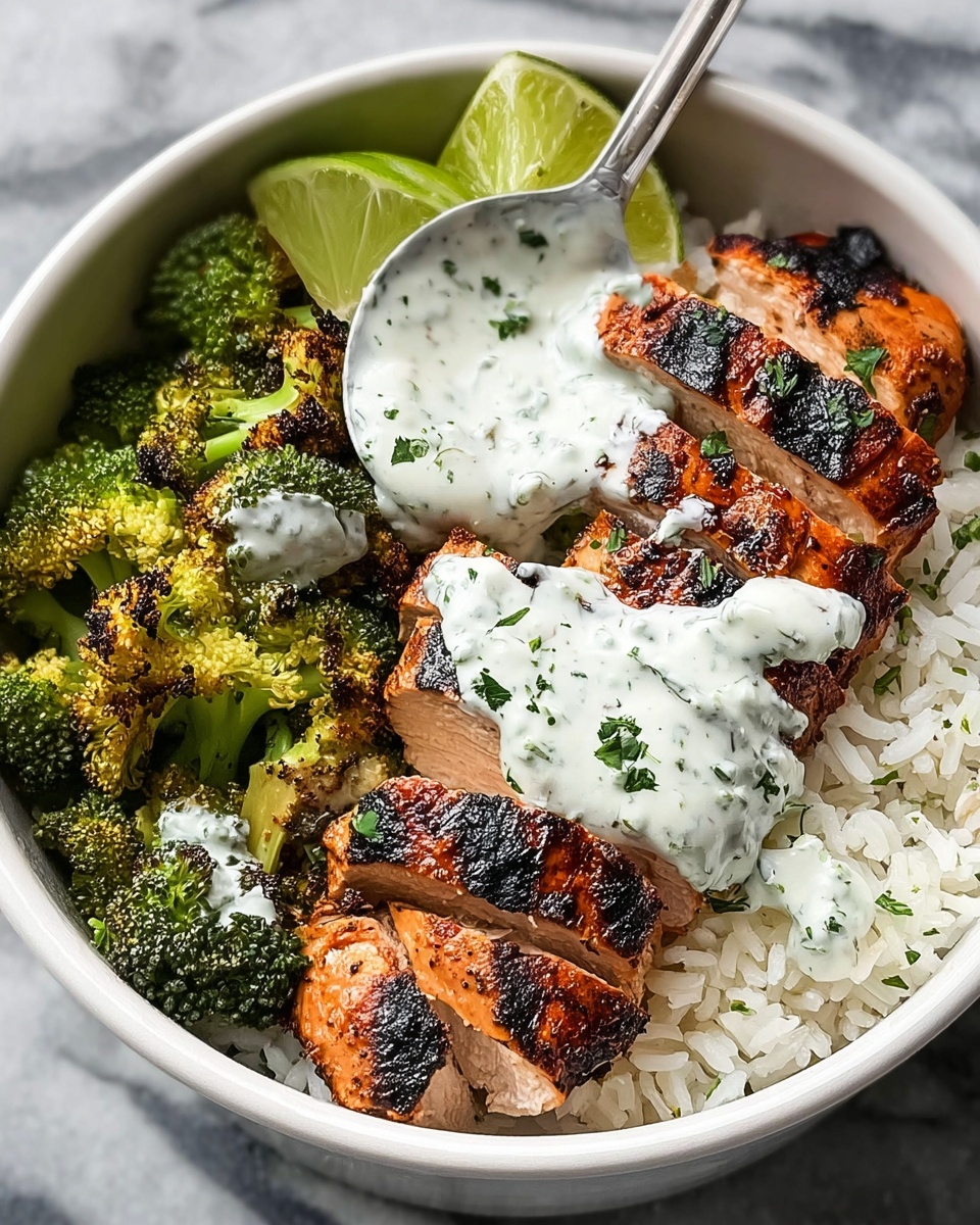 Grilled Chicken & Broccoli Bowls with Creamy Garlic Sauce Recipe - Recipe Image