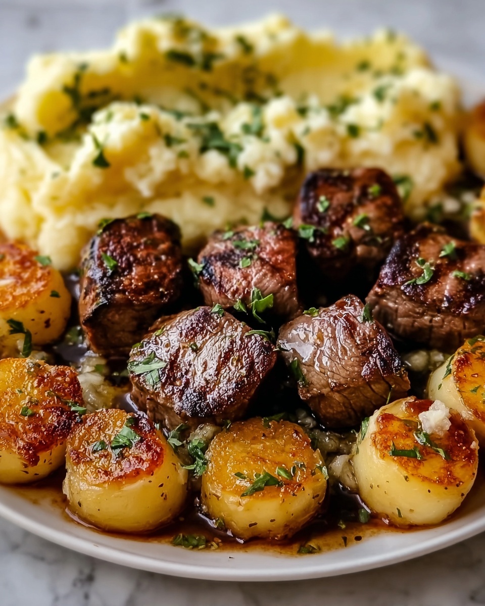 Garlic Butter Steak Bites with Cheesy Smashed Potatoes Recipe - Recipe Image