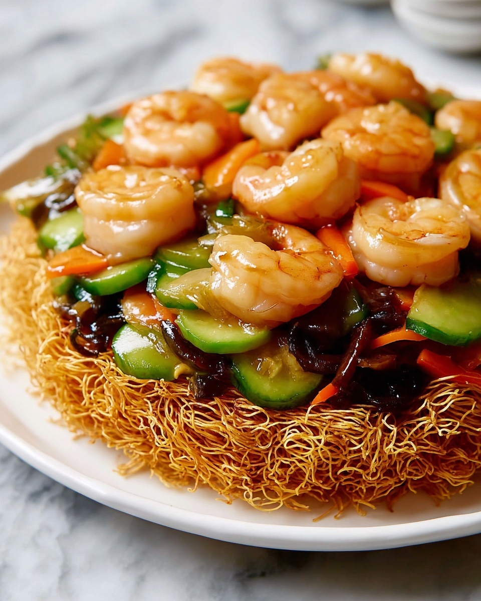 Crispy Cake Noodle Stir Fry with Shrimp and Vegetables Recipe - Recipe Image