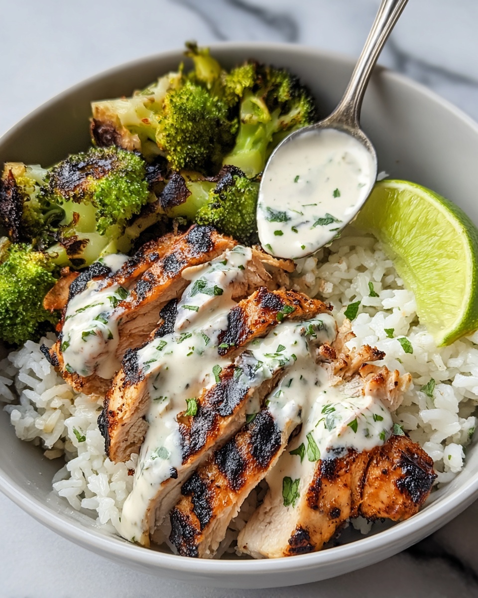 Grilled Chicken & Broccoli Bowls with Creamy Garlic Sauce Recipe - Recipe Image