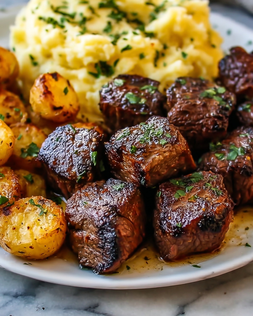 Garlic Butter Steak Bites with Cheesy Smashed Potatoes Recipe - Recipe Image