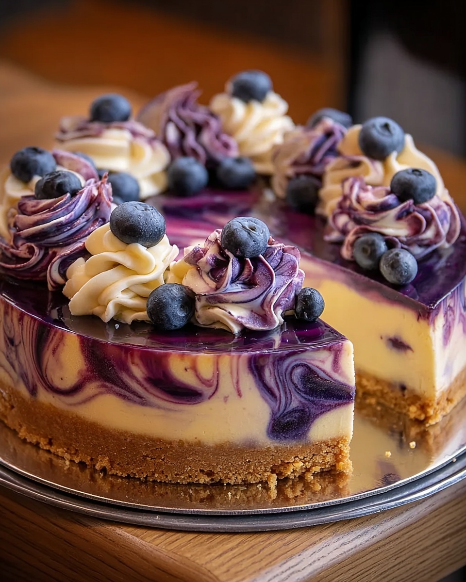 Elegant White Chocolate Blueberry Swirl Cheesecake Recipe - Recipe Image