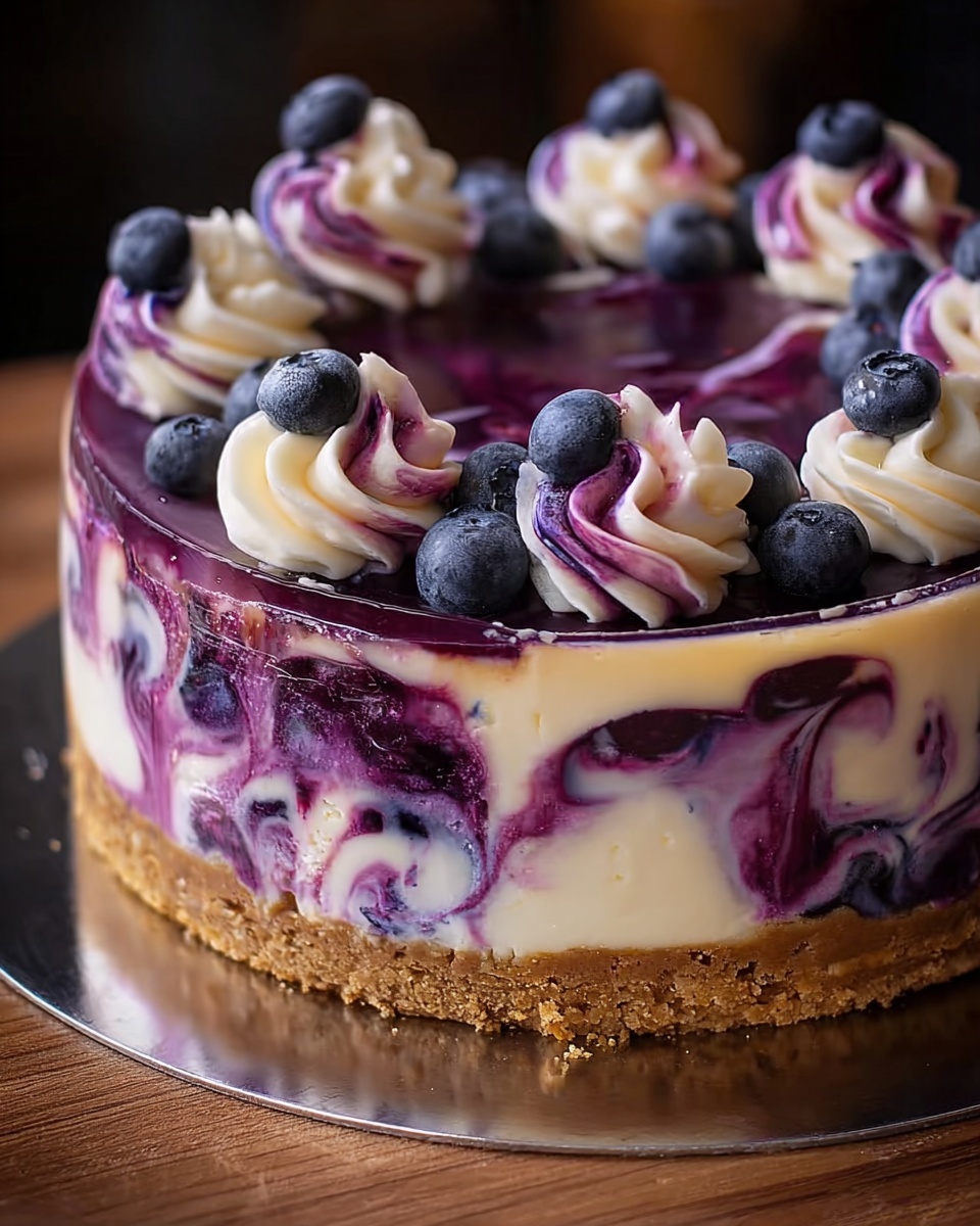 Elegant White Chocolate Blueberry Swirl Cheesecake Recipe - Recipe Image