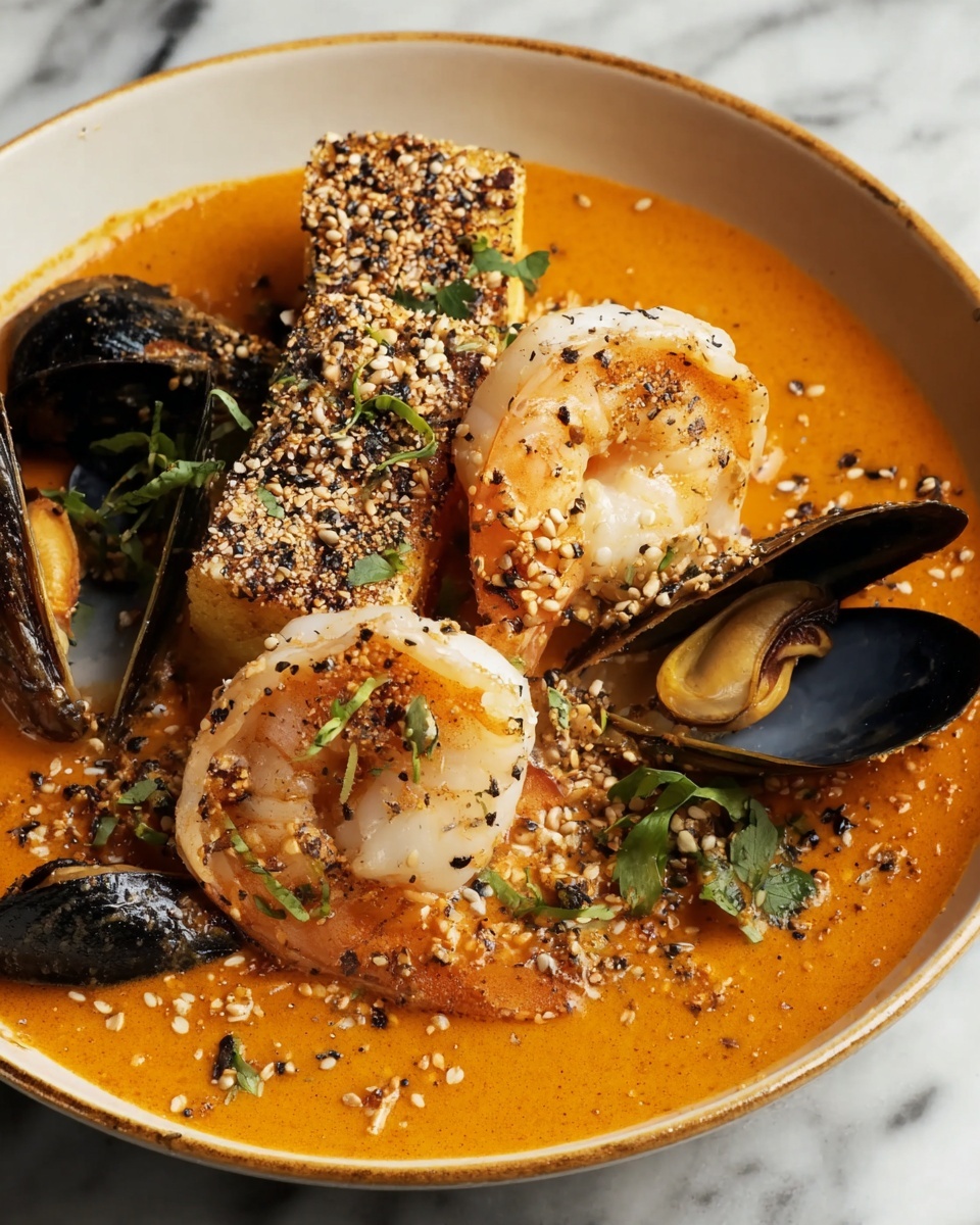 Spiced Seafood Bisque with Sesame Prawn Croutons Recipe - Recipe Image