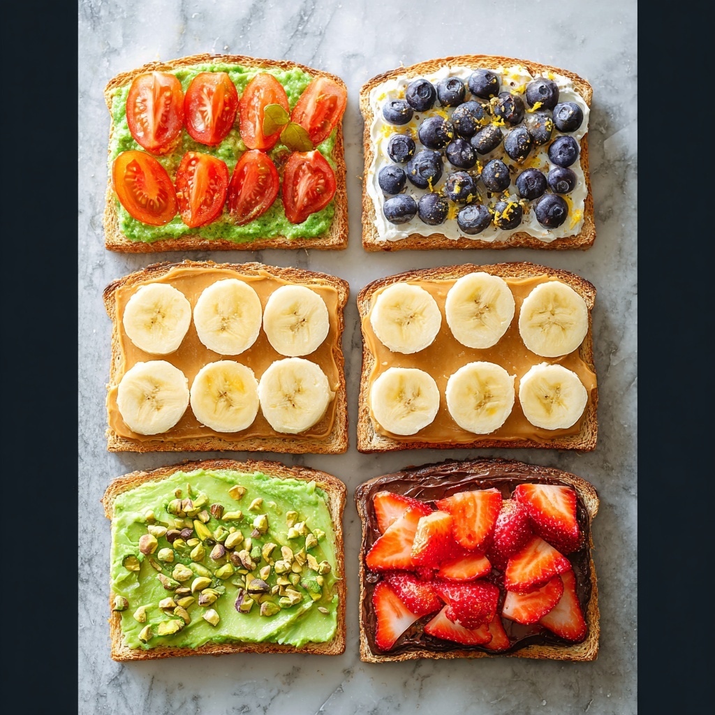 6 Delicious Toasts: Pesto Tomato, Blueberry Ricotta, Nut Butter, Citrus Sunflower Seed, Avocado, and Chocolate Strawberry Recipe - Recipe Image