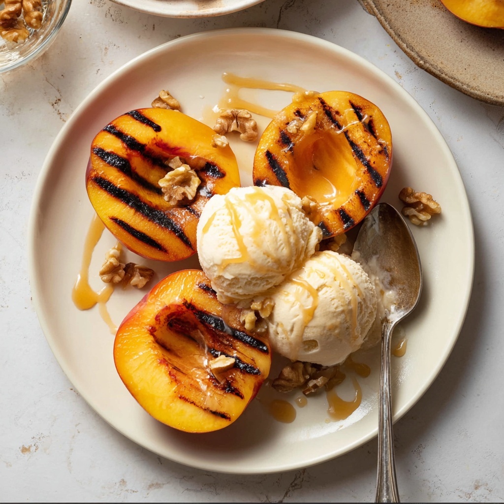 Grilled Peaches with Vanilla Ice Cream, Caramel Sauce, and Nuts Recipe - Recipe Image