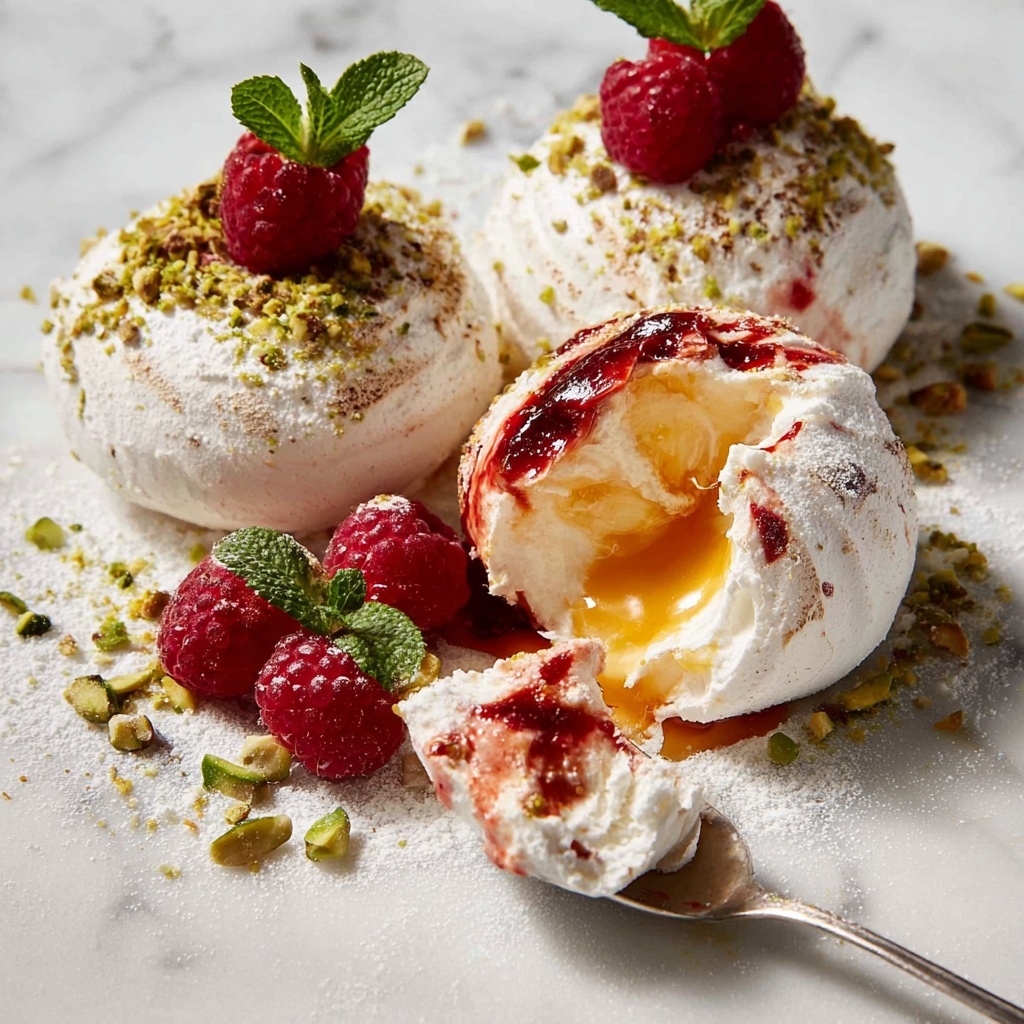 Pavlova Bombs with Raspberry Coulis, Lemon Curd, and Whipped Cream Recipe - Recipe Image