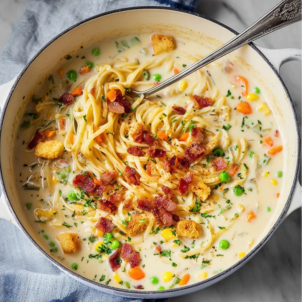 Creamy Chicken Noodle Soup with Mini Croutons Recipe - Recipe Image