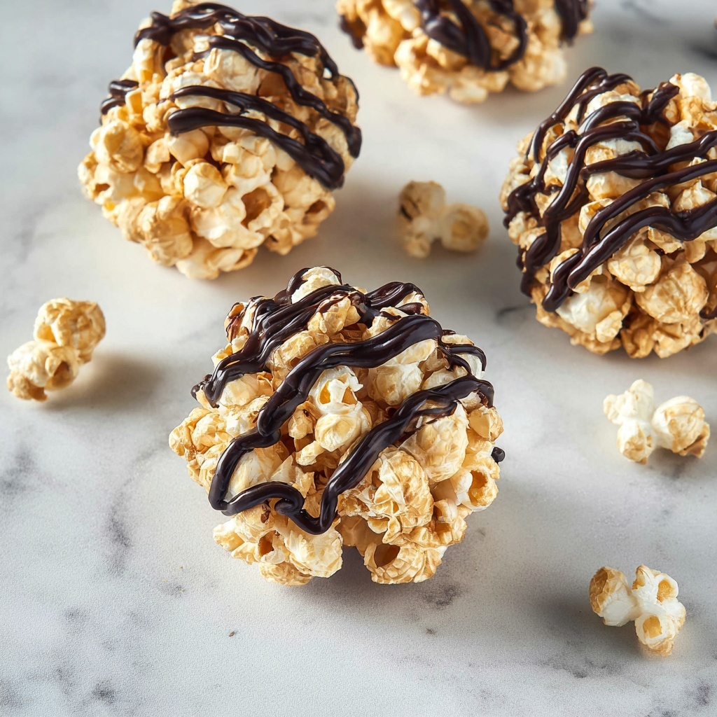 Healthy Peanut Butter Honey Popcorn Balls with Dark Chocolate Drizzle Recipe - Recipe Image