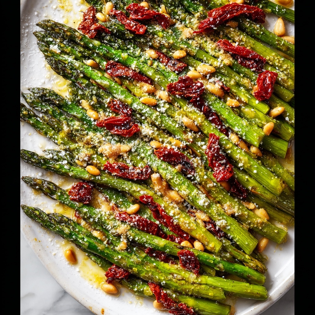 Oven Roasted Asparagus with Sun Dried Tomatoes, Pine Nuts, and Parmesan Recipe - Recipe Image