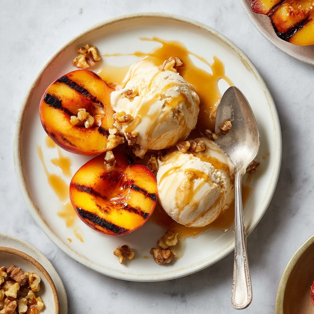 Grilled Peaches with Vanilla Ice Cream, Caramel Sauce, and Nuts Recipe - Recipe Image