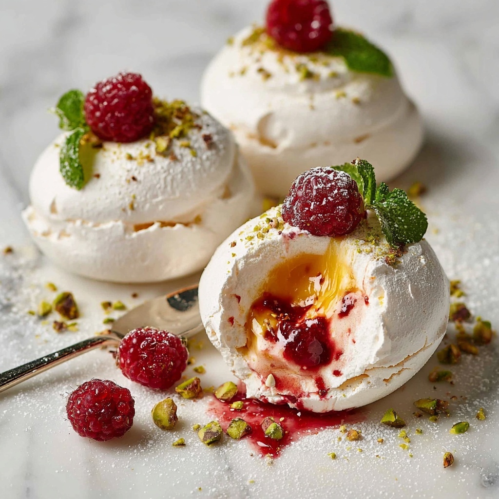Pavlova Bombs with Raspberry Coulis, Lemon Curd, and Whipped Cream Recipe - Recipe Image