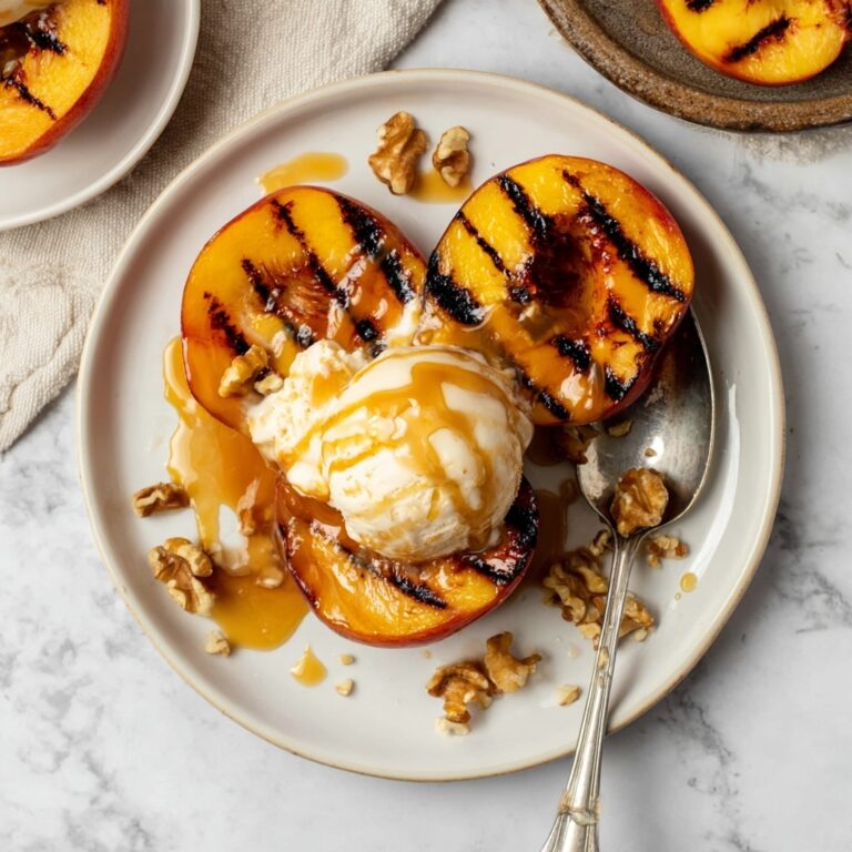 Grilled Peaches with Vanilla Ice Cream, Caramel Sauce, and Nuts Recipe