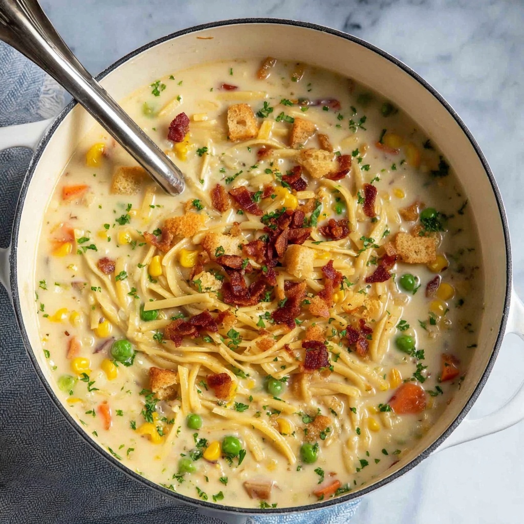 Creamy Chicken Noodle Soup with Mini Croutons Recipe - Recipe Image