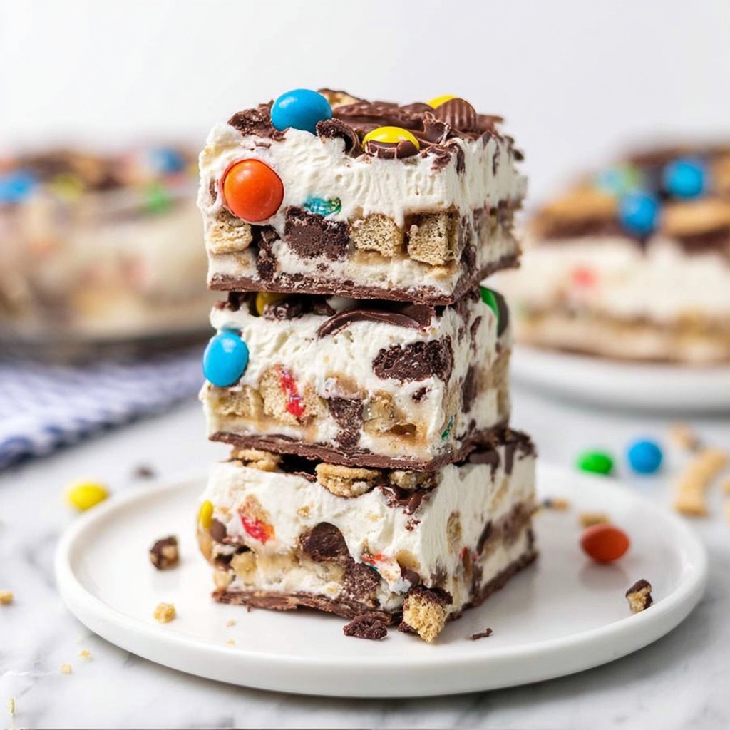 Cookies and Cream Ice Cream Sandwich Cake with M&Ms and Chocolate Sauce Recipe - Recipe Image