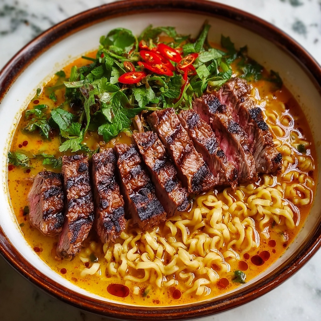 Spicy Korean Ramen with Grilled Beef and Creamy Chili Sauce Recipe - Recipe Image
