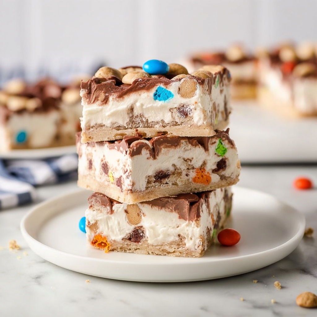 Cookies and Cream Ice Cream Sandwich Cake with M&Ms and Chocolate Sauce Recipe - Recipe Image