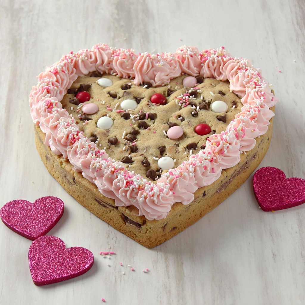 Heart Shaped Chocolate Chip Cookie Cake with Pink M&Ms and Sprinkles Recipe - Recipe Image