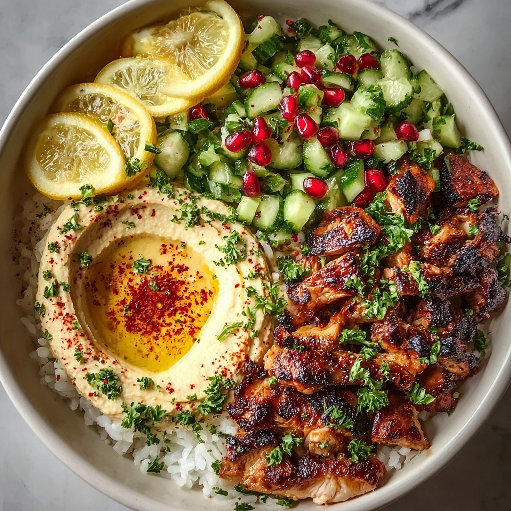 Lemon Chili Grilled Chicken Bowls with Fresh Cucumber Salad and Hummus Recipe - Recipe Image