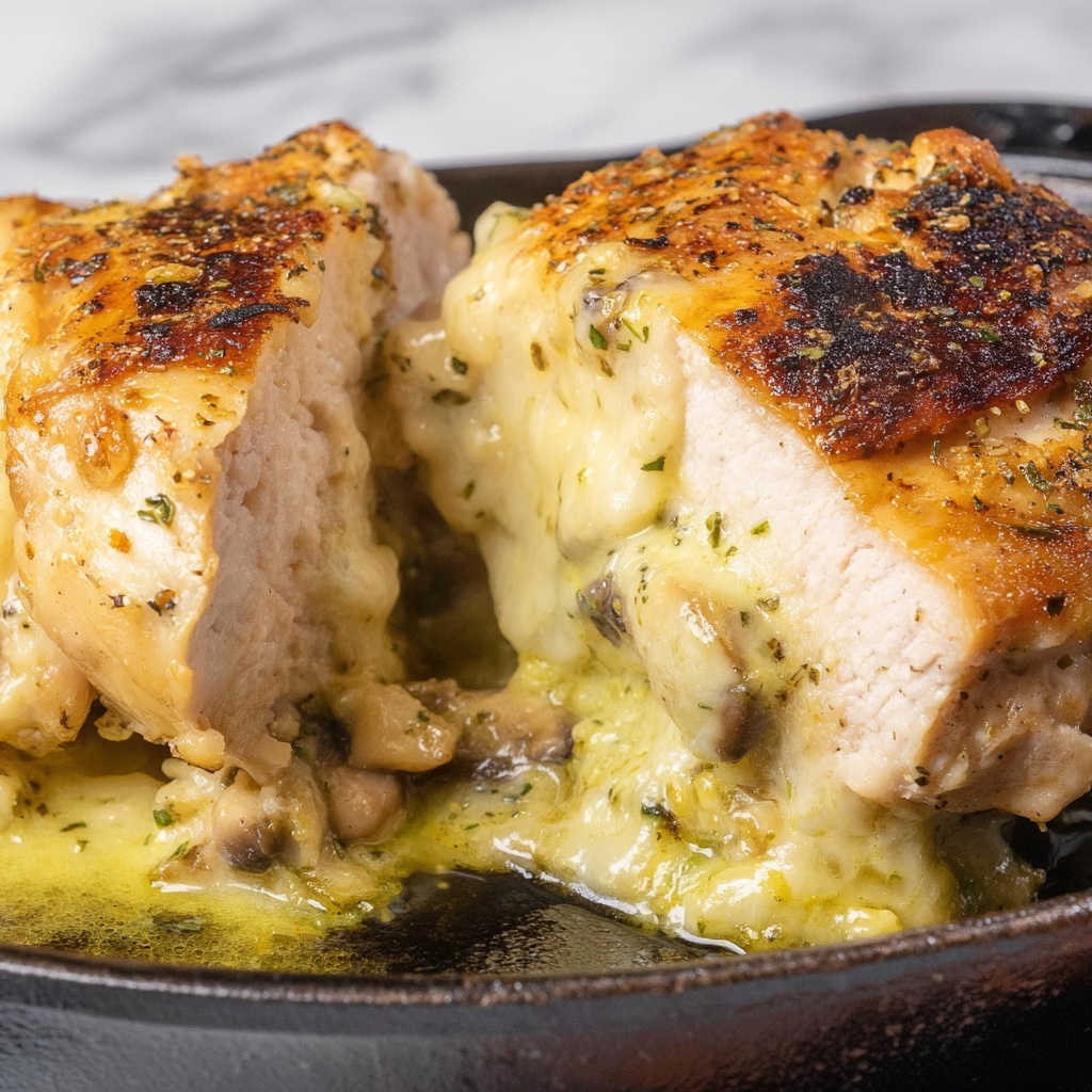 Stuffed Pork Chops with Mushrooms, Basil Pesto, and Mozzarella Recipe - Recipe Image