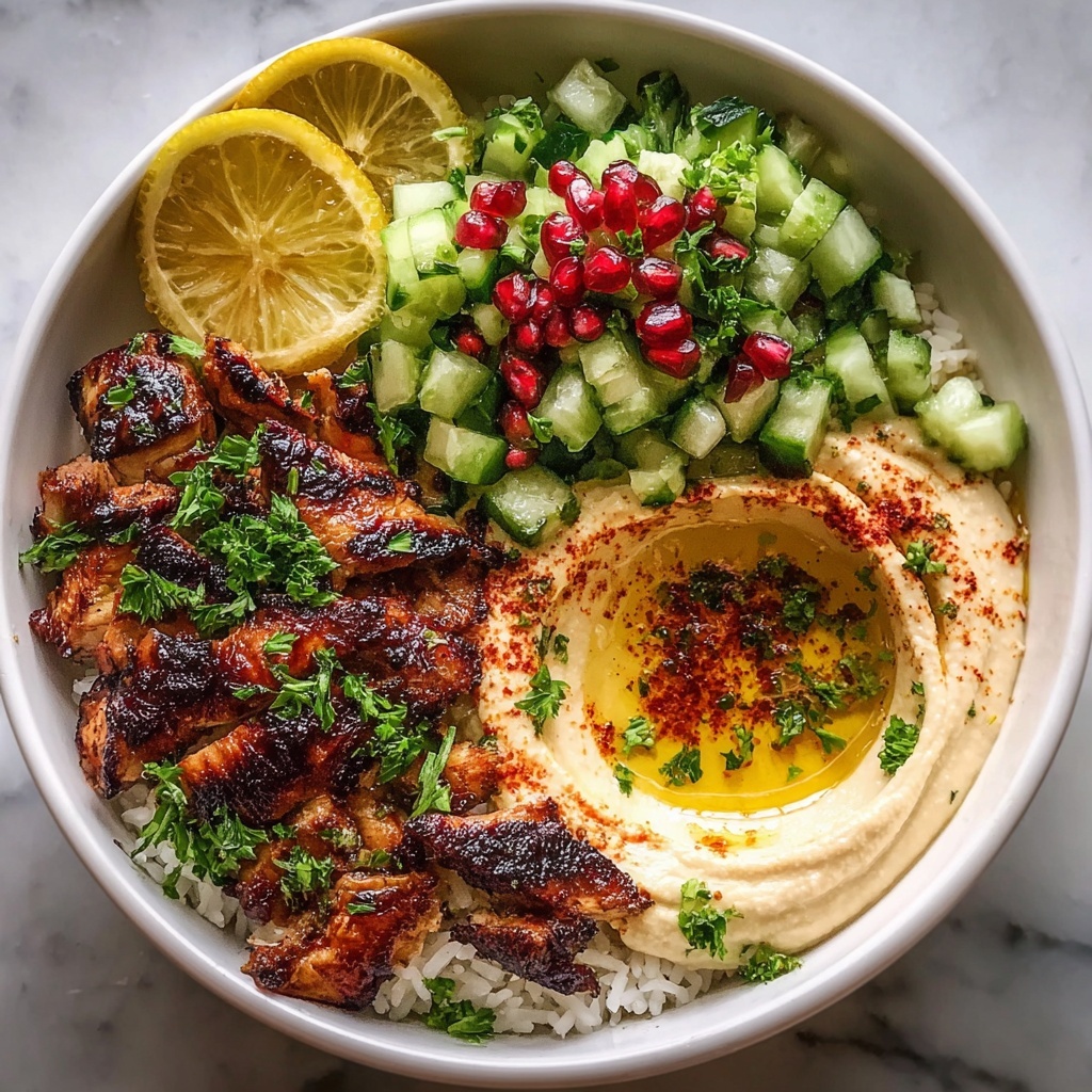 Lemon Chili Grilled Chicken Bowls with Fresh Cucumber Salad and Hummus Recipe - Recipe Image